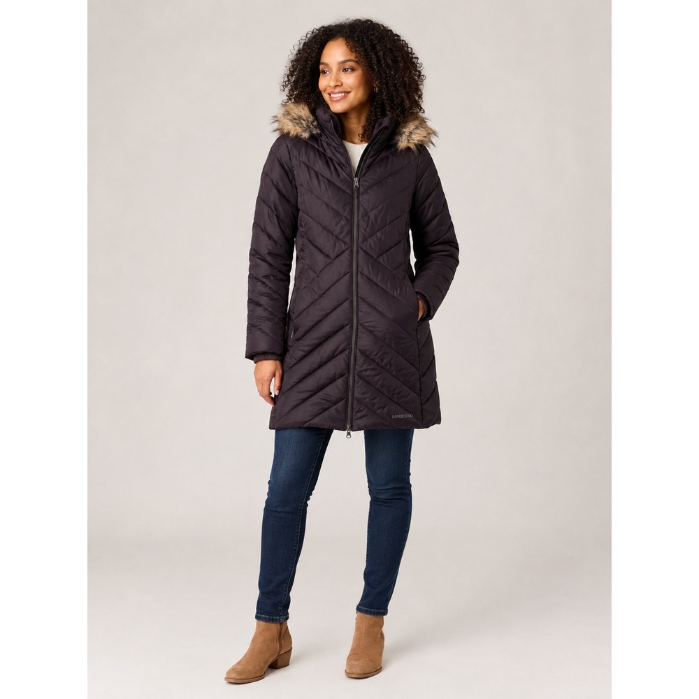 Lands End Puffer Parka Women XS Brown Polyester Faux Fur Hood Chevron Quilt Coat